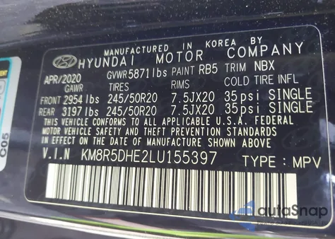 2020 Hyundai Palisade Limited from USA, damaged, VIN KM8R5DHE2LU155397